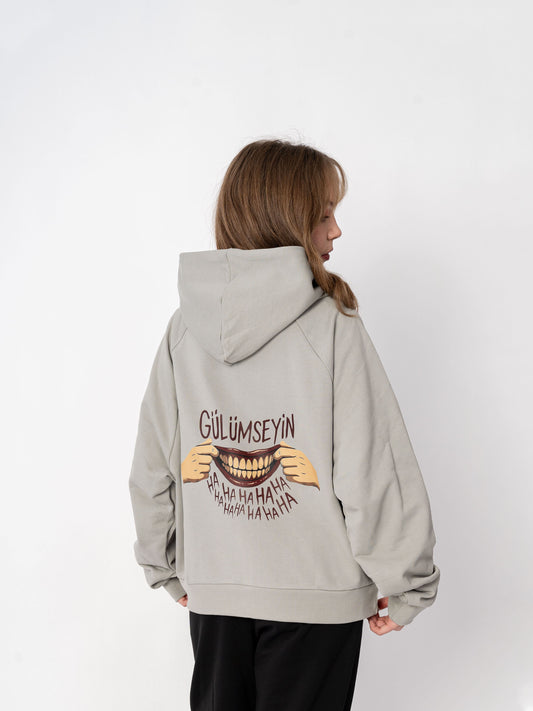Unisex Oversize Gri Baskılı Gülümseyin Sweatshirt