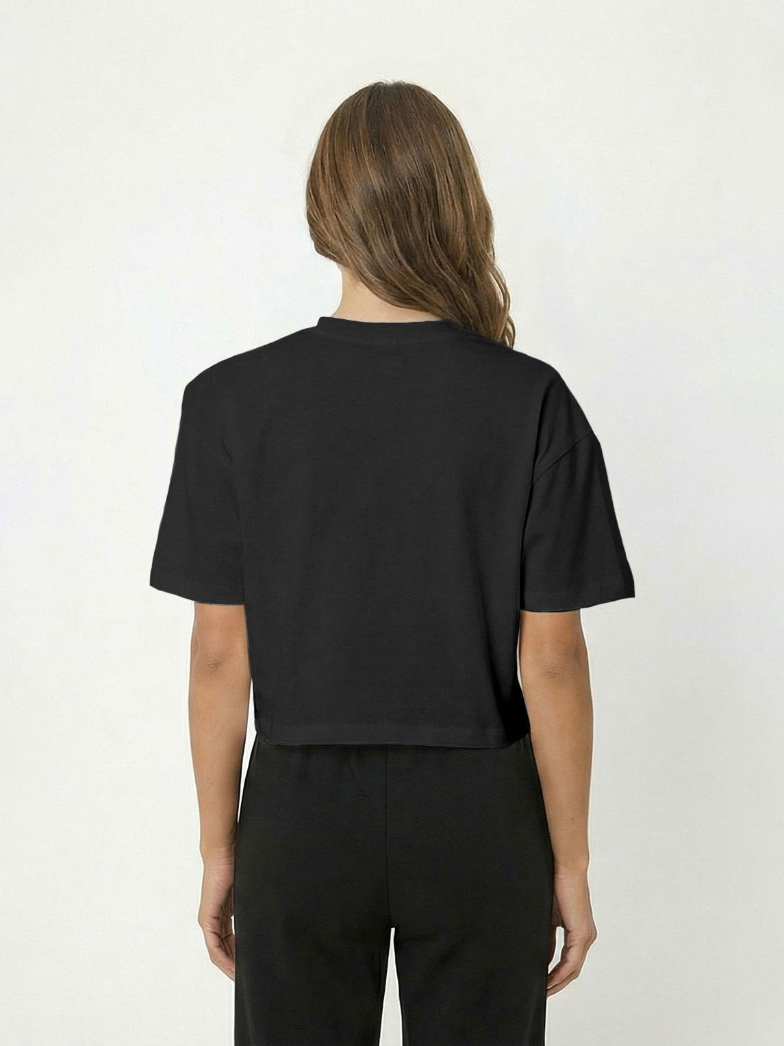 Kadın Oversize Siyah Basic Broco Crop T-shirt