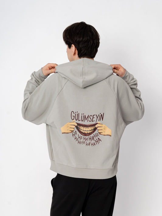 Unisex Oversize Gri Baskılı Gülümseyin Sweatshirt