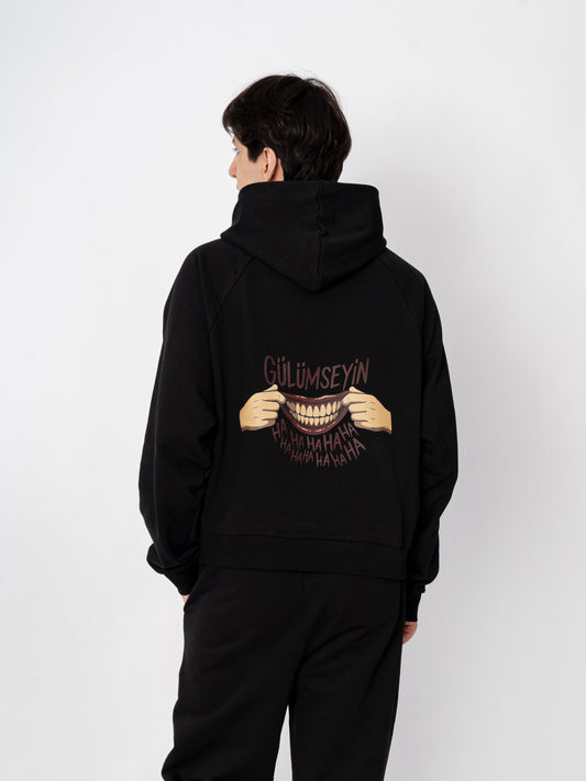 Unisex Oversize Siyah Baskılı Gülümseyin Sweatshirt