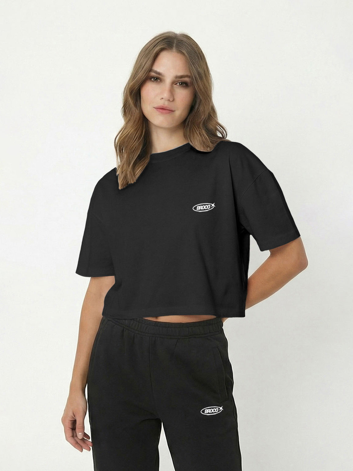 Kadın Oversize Siyah Basic Broco Crop T-shirt