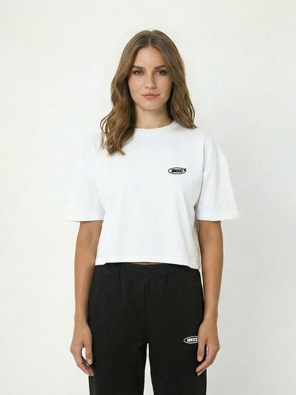 Kadın Oversize Beyaz Basic Broco Crop T-shirt