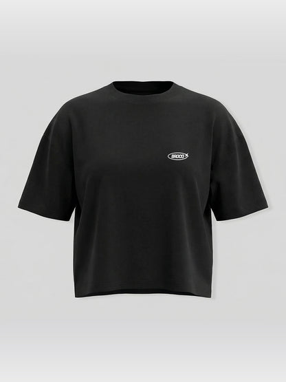 Kadın Oversize Siyah Basic Broco Crop T-shirt