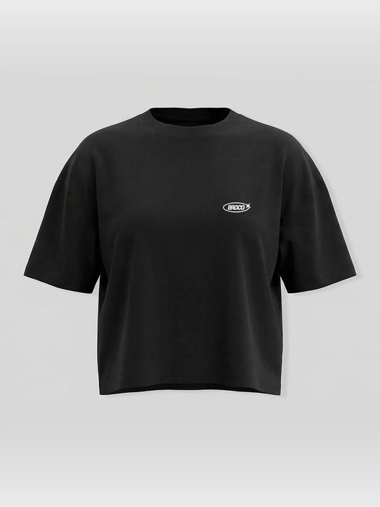 Kadın Oversize Siyah Basic Broco Crop T-shirt