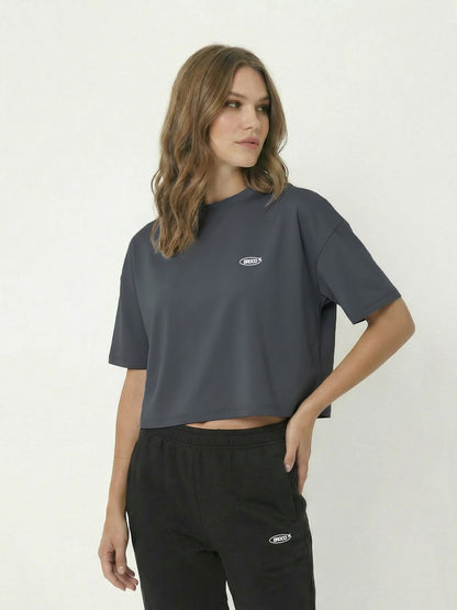 Kadın Oversize Lacivert Basic Broco Crop T-shirt