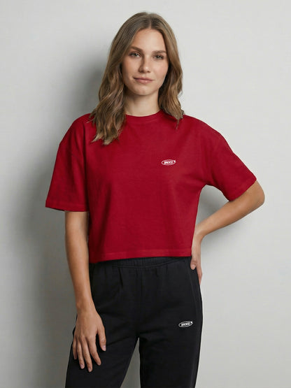 Kadın Oversize Kırmızı Broco Logo Crop T-shirt