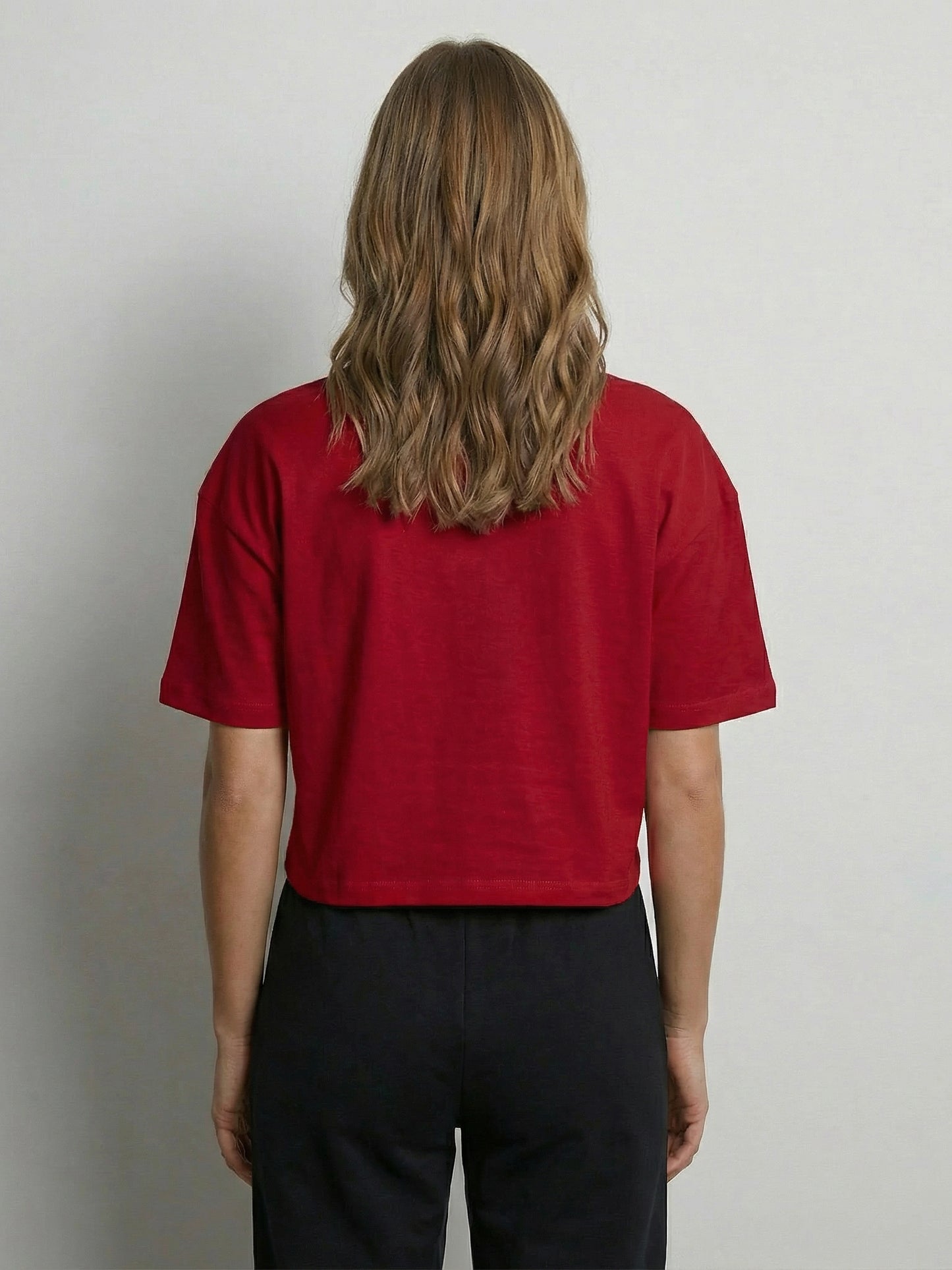 Kadın Oversize Kırmızı Broco Logo Crop T-shirt
