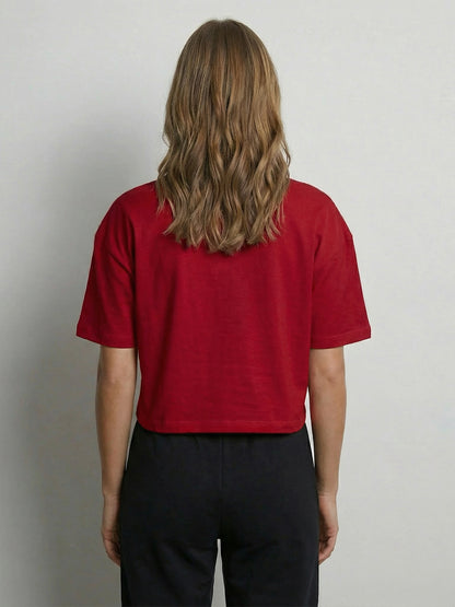 Kadın Oversize Kırmızı Broco Logo Crop T-shirt