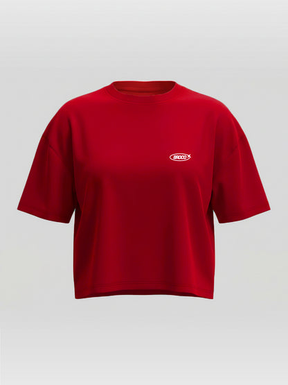 Kadın Oversize Kırmızı Broco Logo Crop T-shirt