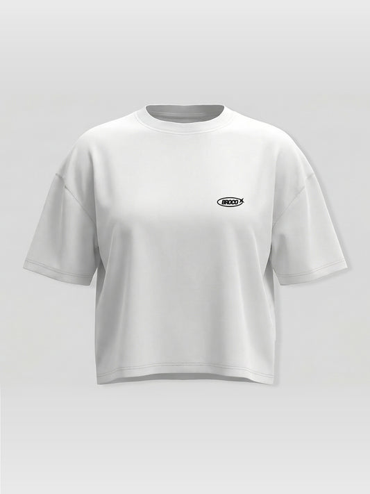 Kadın Oversize Beyaz Basic Broco Crop T-shirt