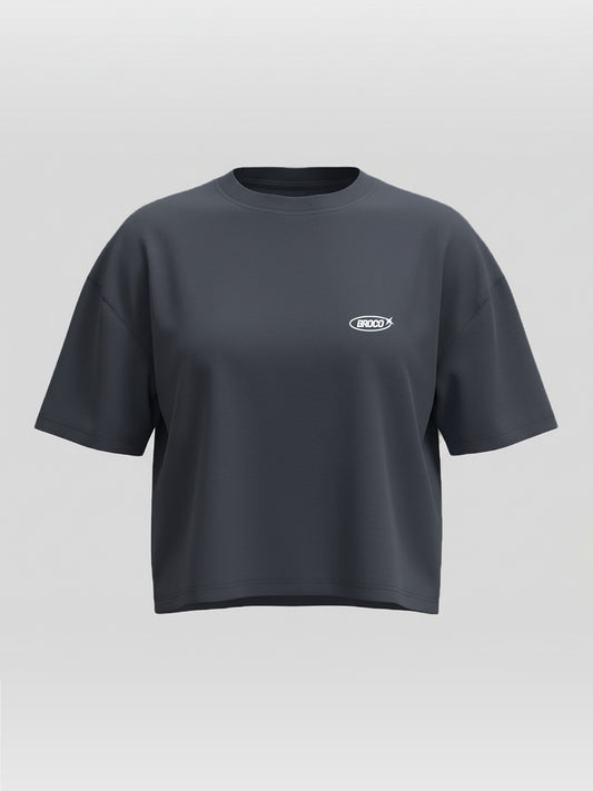 Kadın Oversize Lacivert Basic Broco Crop T-shirt